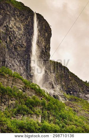 Kjelfossen Waterfalls Kjell Falls Seen From Gudvangen Village, Sogn Og Fjordane, Norway. Waterfall I