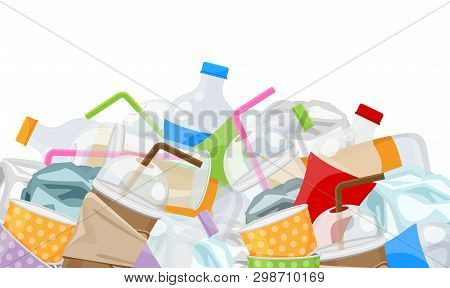 Illustration Of Pile Garbage Waste Plastic And Paper Many Isolated On White Background, Bottles Plas