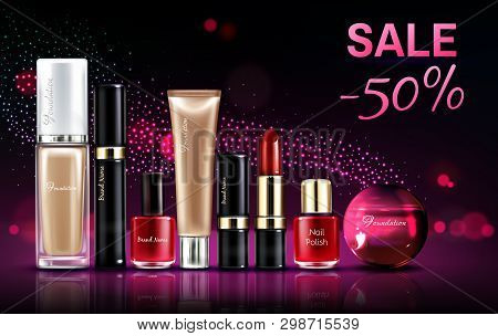 Cosmetics Beauty Products For Make Up Sale Banner With Glowing Neon Background And Pink Sparkles. Di