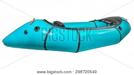 a teal inflatable packraft (one-person light raft used for expedition or adventure racing) isolated on white