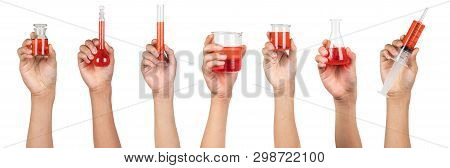 Laboratory Glassware With Red Water Liquid Holding In Boy Hand Isolated On White Background. Experim