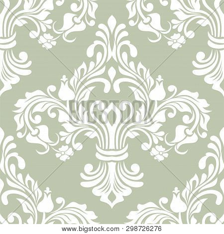 Damask Seamless Vector Background. Baroque Style Pattern. Green And White Floral Element. Graphic Or