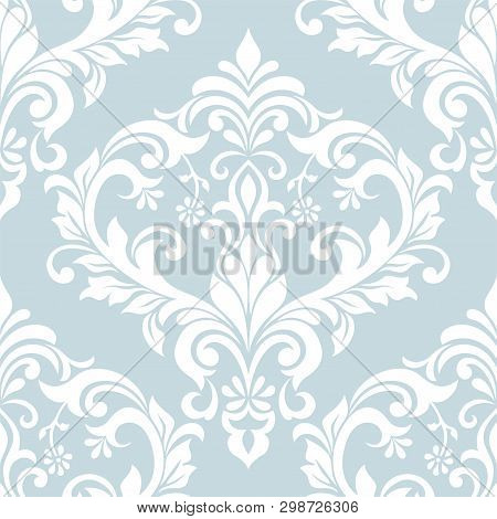 Damask Seamless Vector Background. Baroque Style Pattern. Blue And White Floral Element. Graphic Orn