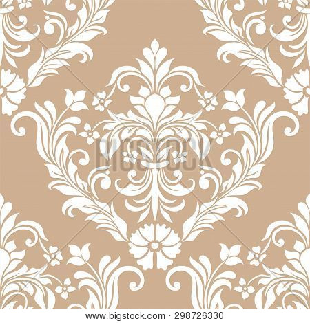 Damask Seamless Vector Background. Baroque Style Pattern. Beige And White Floral Element. Graphic Or