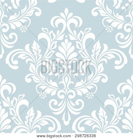 Damask Seamless Vector Background. Baroque Style Pattern. Blue And White Floral Element. Graphic Orn