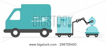 Vector Illustration With Robot Loader Loads Boxes Into A Truck. Automation Warehouse Processes. Smar