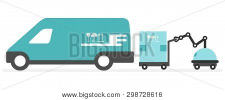 Vector Illustration With Robot Loader Loads Boxes Into A Car. Automation Warehouse Processes. Smart 