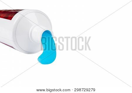 Toothpaste Isolated On White Background. Tube Of Blue Toothpaste Isolated On White With Clipping Pat