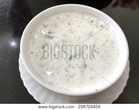 Tzatziki / Cacik Traditional Greek Dip Sauce Prepared With Grated Cucumber Sour Cream Yogurt Olive O