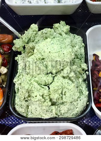 Traditional Food Cretan Paste With Pistachio And Cheese For Sale. Organic Food.