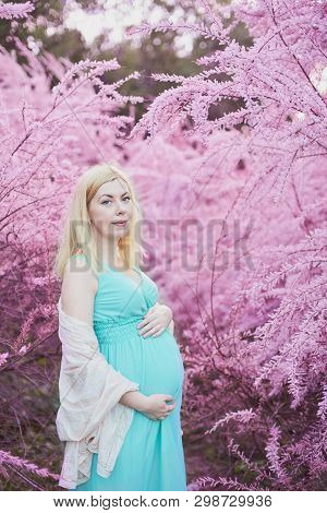 Spring Mood, Beautiful Pregnant Woman Smell Flowering Tree, Enjoying Nature, Pink Floral Garden. Fut