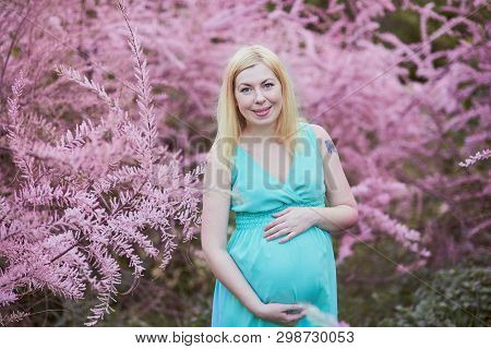 Spring Mood, Beautiful Pregnant Woman Smell Flowering Tree, Enjoying Nature, Pink Floral Garden. Fut