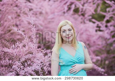 Spring Mood, Beautiful Pregnant Woman Smell Flowering Tree, Enjoying Nature, Pink Floral Garden. Fut