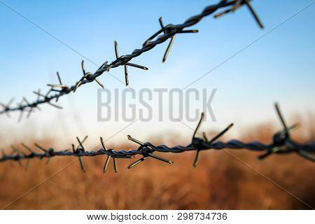 Barbed Wire On A Fence To Prevent Unauthorized Access