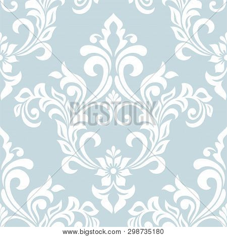 Damask Seamless Vector Background. Baroque Style Pattern. Blue And White Floral Element. Graphic Orn