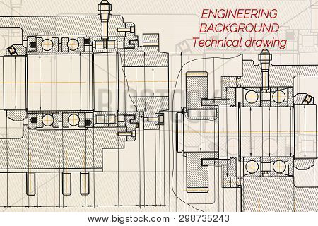 Mechanical Engineering Drawings On Light Background. Milling Machine Spindle. Technical Design. Cove