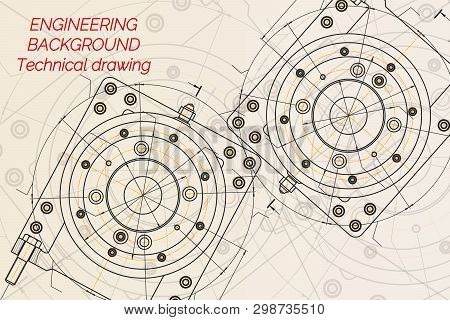 Mechanical Engineering Drawings On Light Background. Milling Machine Spindle. Technical Design. Cove