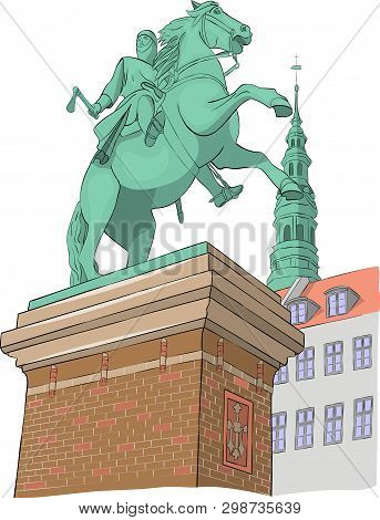 Equestrian Statue Of Bishop Absalon On The Background Of The Town Hall. Copenhagen. Denmark. Vector.