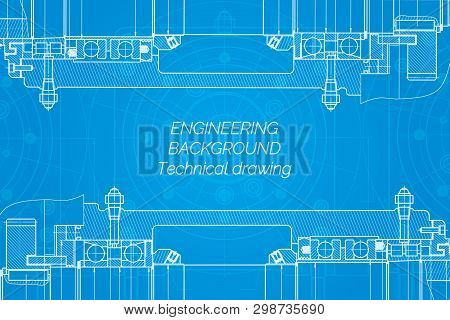 Mechanical Engineering Drawings On Blue Background. Milling Machine Spindle. Technical Design. Cover