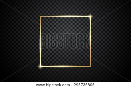 Gold Shiny Glowing Vintage Frame With Shadows Isolated On Transparent Background. Golden Luxury Real