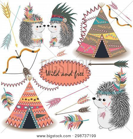 Tribal Collections Set With Teepee Tens, Arrows, Feathers, Tribal Borders, Indian Hedgehog And Feath
