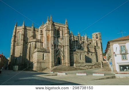 Guarda, Portugal - July 21, 2018. Gothic Facade With Staircase And Door In Front Of Square At The Gu