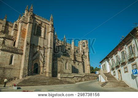 Guarda, Portugal - July 21, 2018. Gothic Facade With Staircase And Door In Front Of Square At The Gu