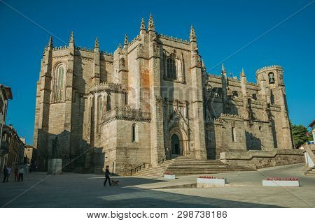 Guarda, Portugal - July 21, 2018. Gothic Facade With Staircase And Door In Front Of Square At The Gu