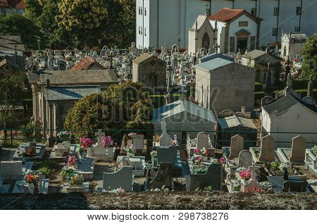 Guarda, Portugal - July 21, 2018. Cemetery With Crypts And Marble Tombs Decorated By Flowers At Guar