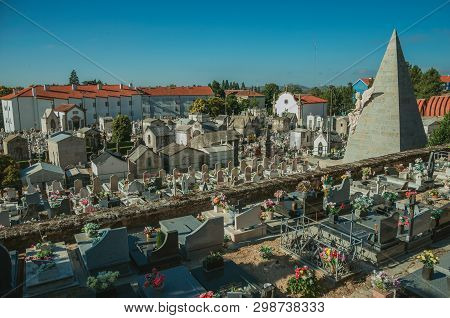 Guarda, Portugal - July 21, 2018. Cemetery With Crypts And Marble Tombs Decorated By Flowers At Guar