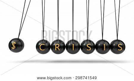 Newtons Cradle Black Balls And Golden Currency Symbols. 3d Illustration