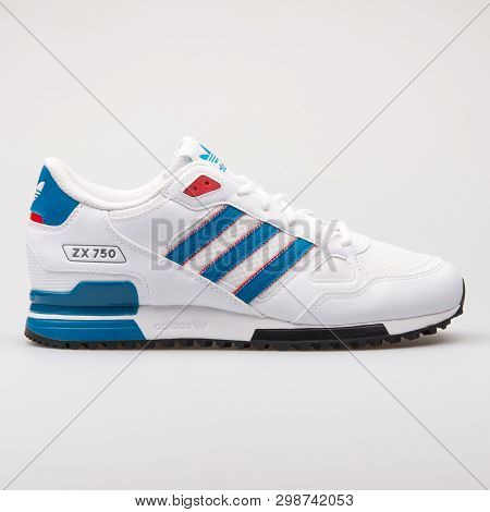 Vienna, Austria - August 23, 2017: Adidas Zx 750 White And Blue Sneaker On White Background.