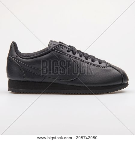 Vienna, Austria - August 23, 2017: Nike Classic Cortez 90 Str Leather Black Sneaker On White Backgro