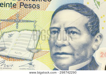 Portrait Of Don Benito Juarez At 20 Mexican Pesos Close-up.