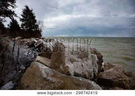 Scenic Landscape Background Rocky Shore Foreboding Weather Icy Boulders