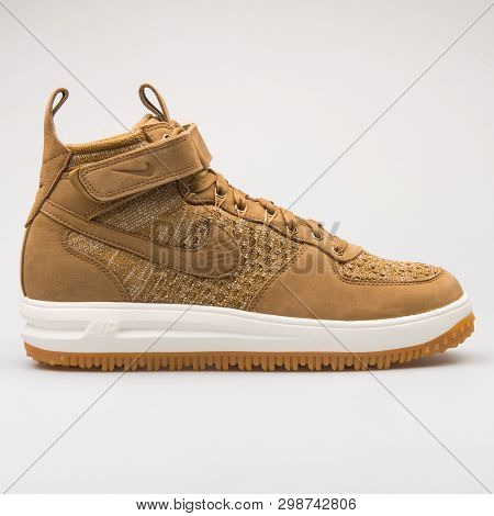 Vienna, Austria - August 23, 2017: Nike Lunar Force 1 Flyknit Workboot Golden Beige Sneaker On White