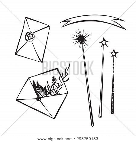 Hand Drawn Envelopes And Magic Wands Outline Sketch. Vector Magic Black Ink Drawing Isolated On Whit