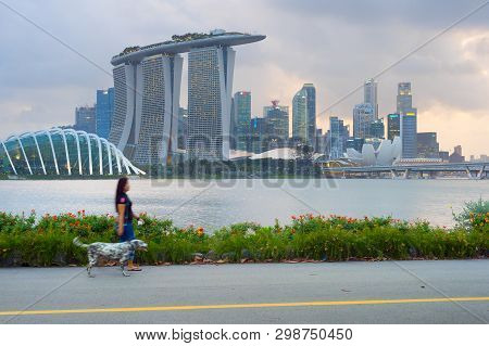 Singapore - February 16, 2017: Woman Walking With A Dog By Tje River In Front Of Singapore Downtown