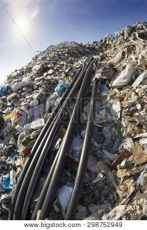 Huge Landfill Site, A Special Device Collects And Pumps Methane And Other Gases Into Storage. Gas Th