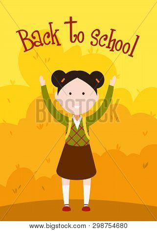 Little Schoolgirl In A School Uniform And With A Satchel Stands Raising Her Arms Against The Backgro