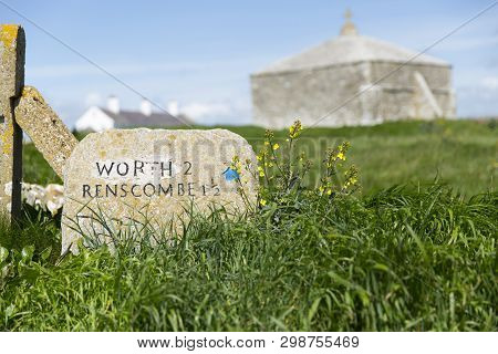 South West Coast Path Marker At Saint Aldheims Head Near The Square Chapel, St Alheims Head, Dorset,