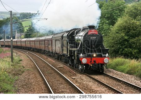 Black Five Steam Locomotive Number 45407 At Cononley On The Waverley Express Charter Train 8th Augus