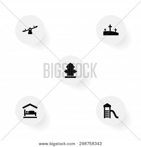 Set Of 5 Urban Icons Set. Collection Of Fireplug, Cemetery, Playground Field And Other Elements.