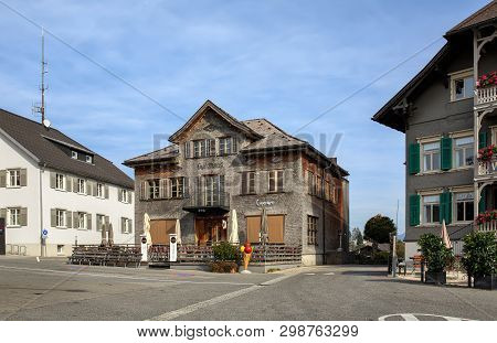 Alberschwende, Austria - October 18, 2018. Village Square With Old Beautiful Houses. Village Of Albe