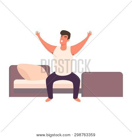 Cartoon Man Happy Waking Up In The Bed Rising Hands. Full Of Energy Cheerful Guy Doing Morning Gymna