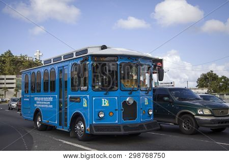 Bayamon/puerto Rico - February 26, 2019: Trolley Car Operating Through Center Of Town.