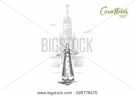 Russia, Kremlin, Moscow, Travel, City Concept. Hand Drawn Kremlin Tower And Woman In Traditional Rus