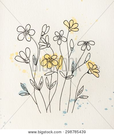 Black graphic silhouette of flowers with colorful watercolor drops