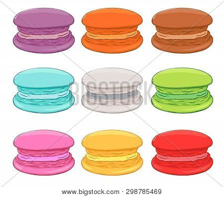 Sweet Macaroons In Various Color And Flavor, Hand Drawn Vector Illustration Isolated On White Backgr