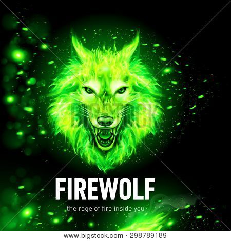 Head Of Aggressive Woolf In Fire And Sparks. Concept Image Of A Green Wolf And Flame On A Black Back